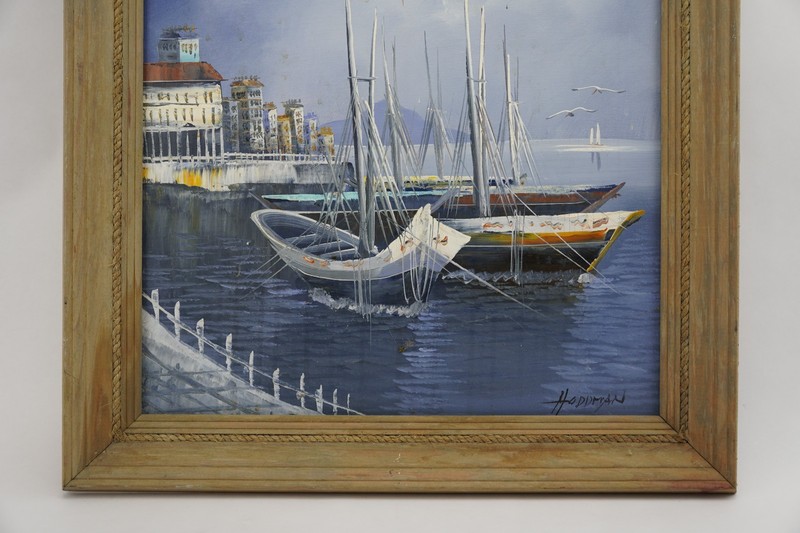 Vintage Nautical Oil Painting Signed by Hoddman Harbor Scene Sailboats 20" x 24" gallery