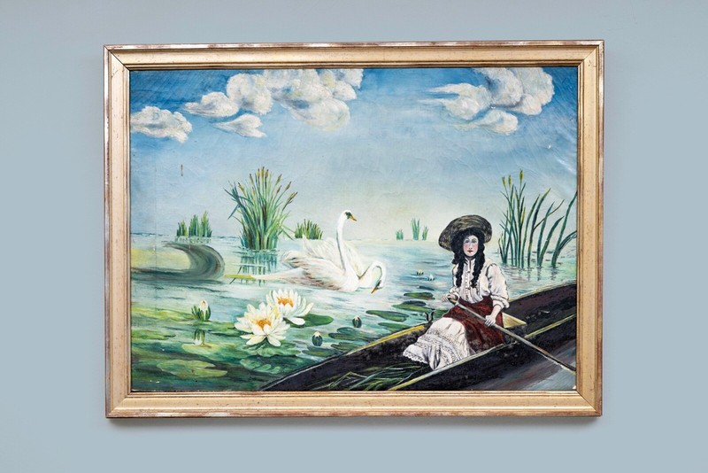 1800s Fantasy Large Oil Painting – Woman in Boat with Lillies Swans – Framed