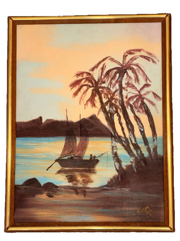 Vintage Oil Painting Tropical Sunset Sailboat Palm Trees Signed Roger 1977 MCM