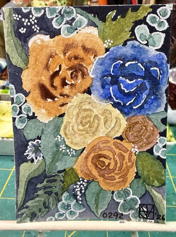 ACEO Painting by M. Hackney Floral Watercolor & Ink, Signed, Original, 2.5×3.5″