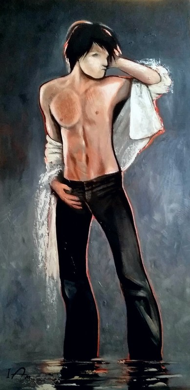 Pop Art Male Figurative Painting Gray Tone Acrylic on Canvas 24″x48″