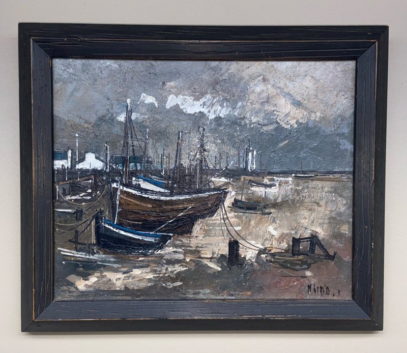 Vintage Modernist Harbor Scene Painting On Canvas Signed M. Girard And Framed