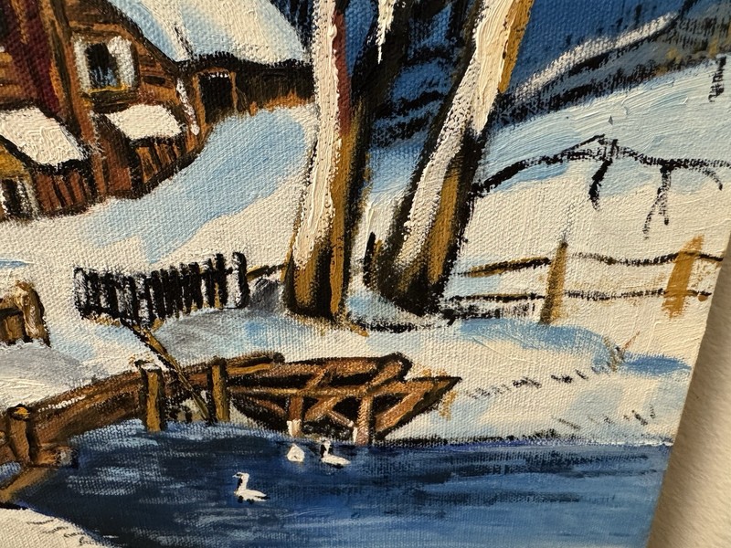Winter Painting Snow Scene Primitive Original Wall Art Artist Signed 18” X 14” gallery