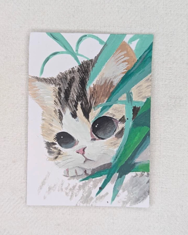 OOAK ACEO Original Painting Tabby Kitten Peeking Leaves Cute Cat Banner Paint