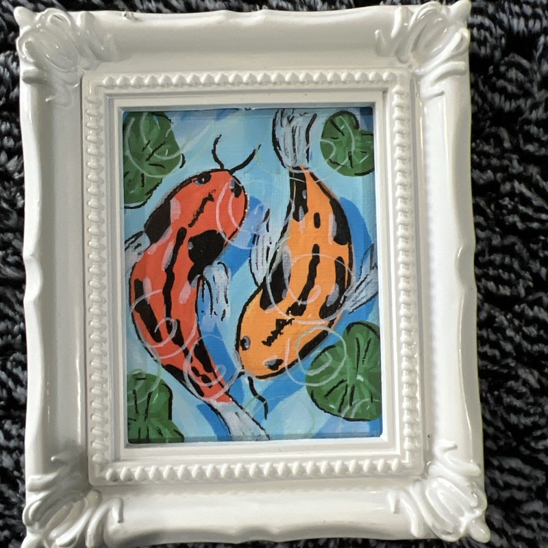 Koi Fish Pond Lily Lotus ,original,miniature Painting,small,mini,framed