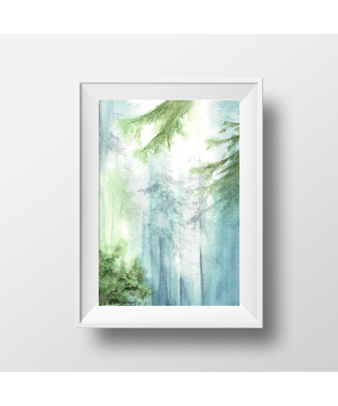 Original Watercolor Painting The Foggy Forest № 3 Series Fog 5X7 in Landscape