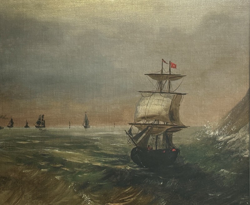 Antique 19th Century Continental Seascape with Clipper Ship, Framed