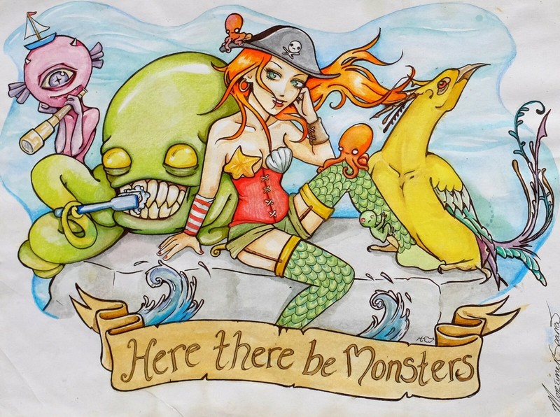 ORIGINAL ARTWORK FANTASY HERE THERE BE MONSTERS PIRATE GIRL by MORTIMER SPARROW