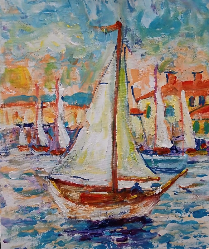 Original Harbor Sailboat Painting 11×14 Impressionist Coastal Village Art