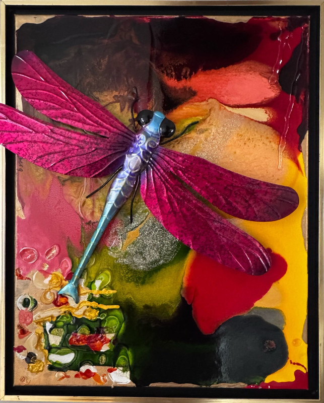 Dragonfly Wired Framed Abstract Metal Signed Mixed Media Art Painting 16×20 OOAK