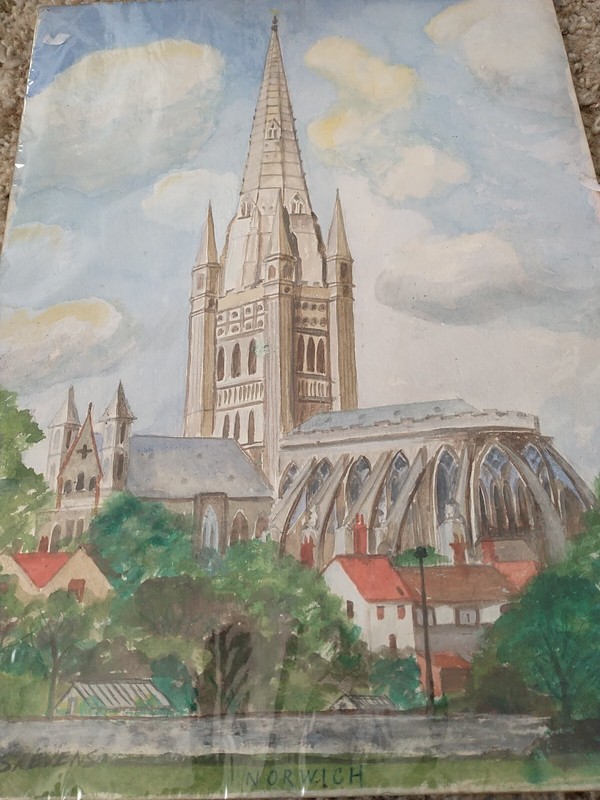 VTG Norwich Cathedral Watercolor Painting Street Artist C. Stevens 13.5″x10″