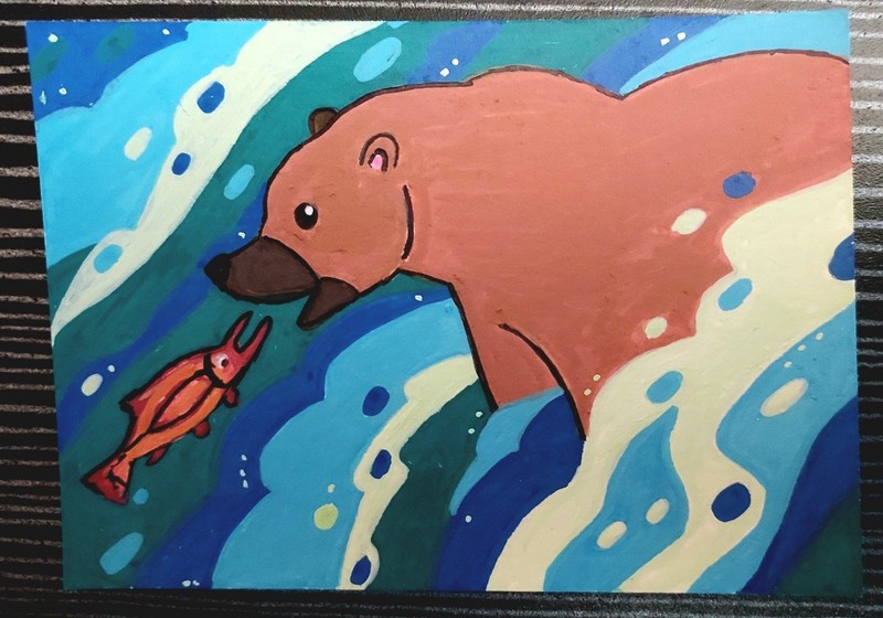 ACEO Original Bear & Fish Ocean Painting Cartoon Animals Nature, Unframed