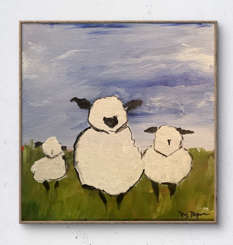 Original Sheep Field Acrylic Painting 10x10 Canvas Signed Whimsical Expressionis gallery