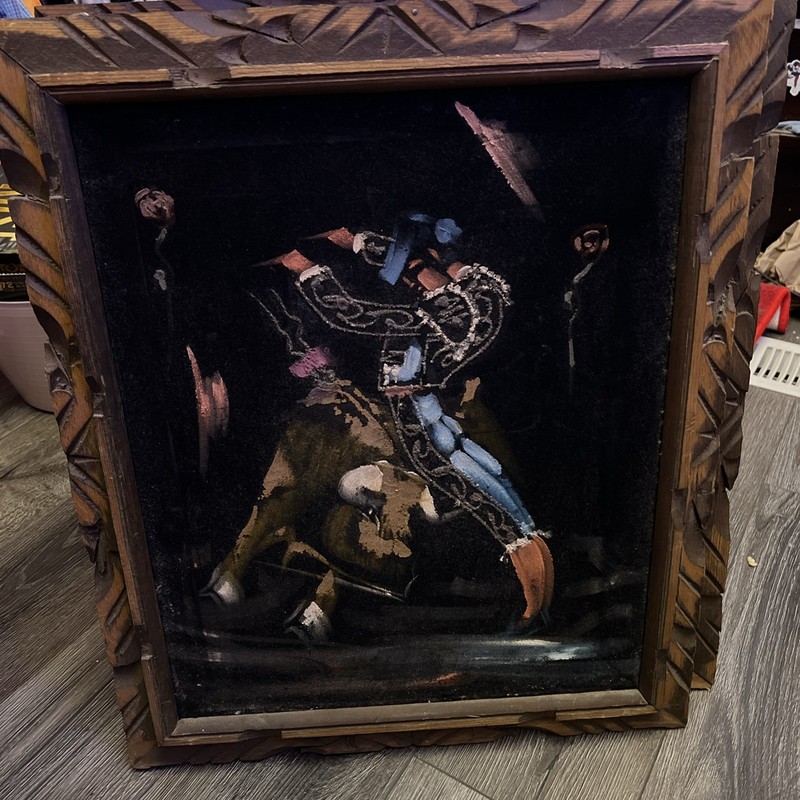 Mexican Oil PAINTING On Felt Bull Fighter & Bull Wood Carved Framed