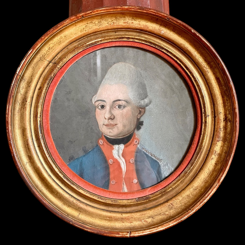 Antique Rare Pastel Round Miniature Painting Young Officer Portrait 18th Century