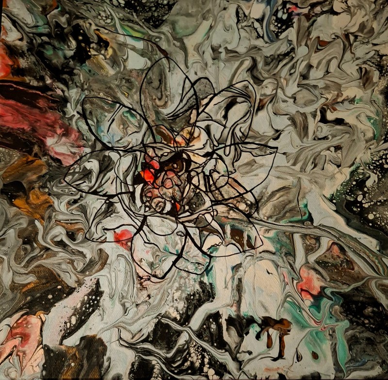 Abstract, Painting Canvas, Black, red,white,Marker, flower, petal, over, Pour