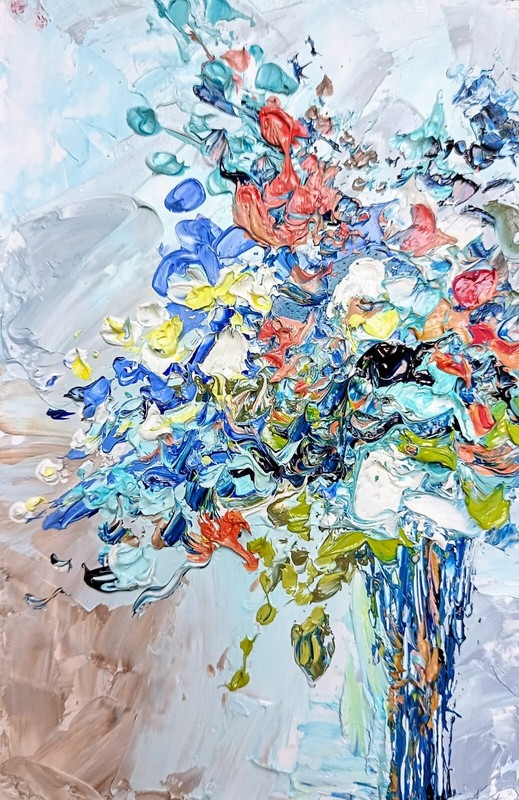 Abstract Bouquet of Flowers Blue Oil Painting 10x15cm Original Painting on Painting Board