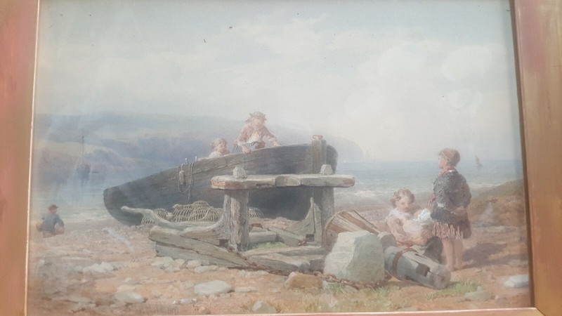 Antique 19th C Watercolor Painting English School Boat On Beach , Signed J Mole gallery