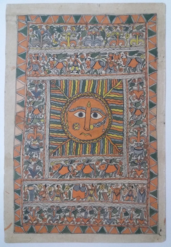 INDIA MADHUBANI PAINTING ARTIST BILAL PASWAN INDIAN WOMEN 15X22 INCH #25