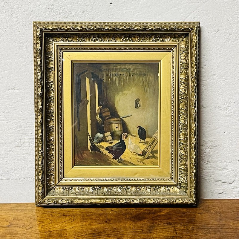 Farmyard Scene Painting PRINT with Chickens and Rooster in Ornate Gold Frame gallery