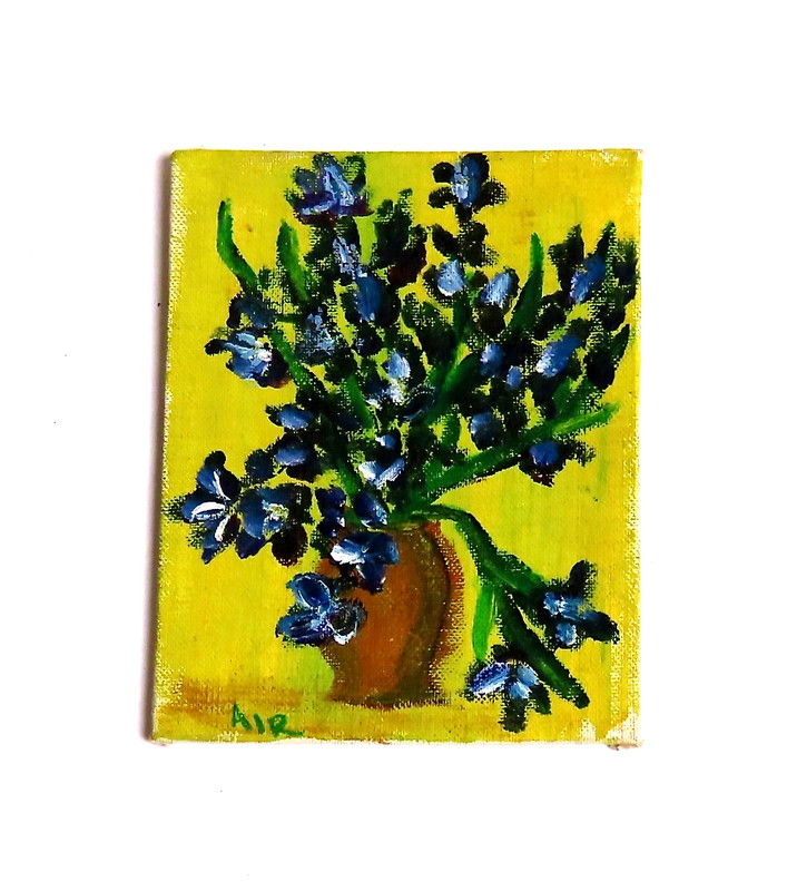Miniature 4”x5” Acrylic Painting Irises, Signed by Artist, 1969