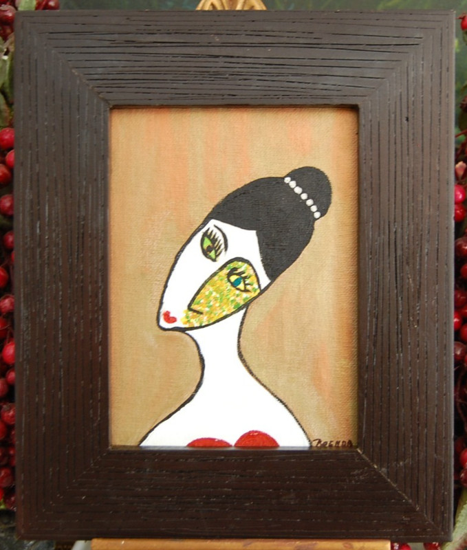 FRAMED OIL SGD BRENDA ABSTRACT MODERN STYLE PRIMITIVE FOLK ART WOMAN PORTRAIT #2