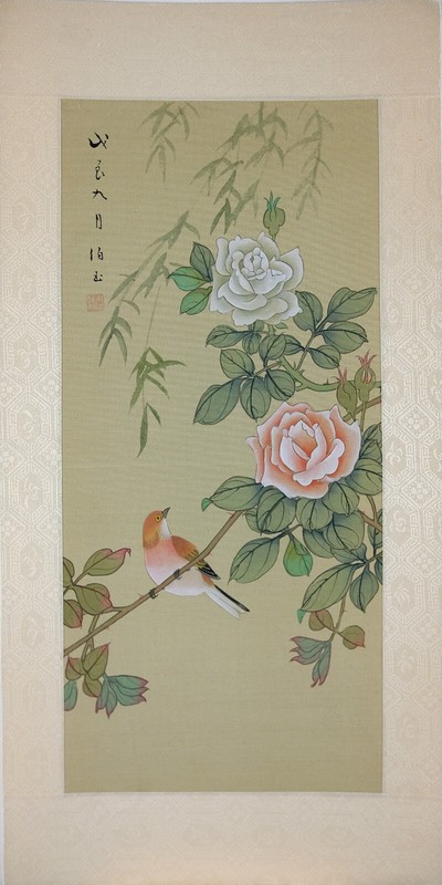 Vintage Oriental Painting on Silk Paper, Vintage Chinese Spring Bird and Roses