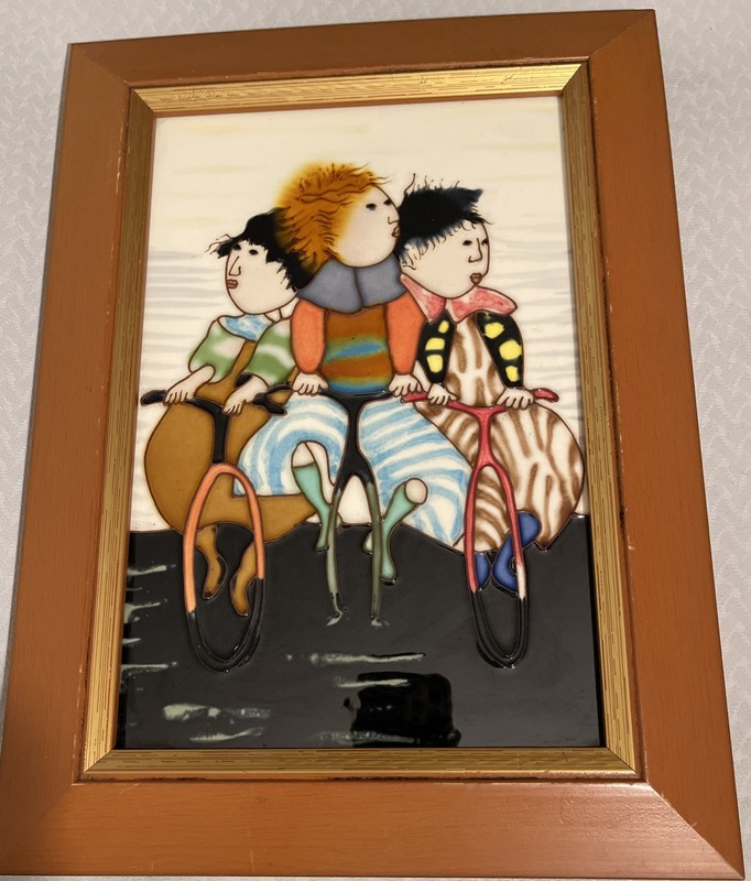 Joyce Roybal Raised Line Whimsical People on Bikes Framed Ceramic Tile Art-3