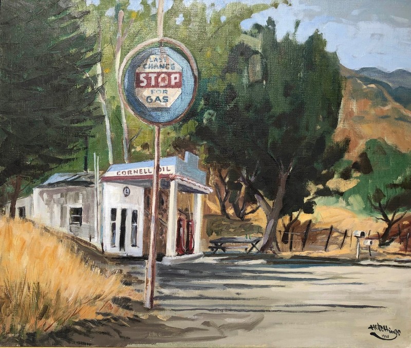Signed Oil on Canvas – Americana Roadside Gas Station Scene, Cornell California gallery