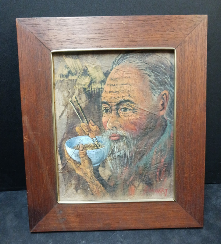 Vintage 60s Tobacco Leaf Painting Old Asian Man Eating Bowl Of Rice Signed