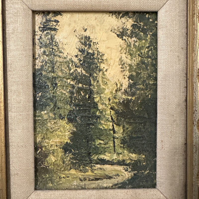 Antique Oil Painting Signed By Artist Fall Woods Forest Evergreen Trees Framed gallery