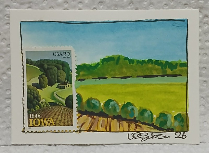Iowa 32¢ Stamp Postal Whimsy OOAK ACEO Mixed Media Watercolor Landscape Art by V