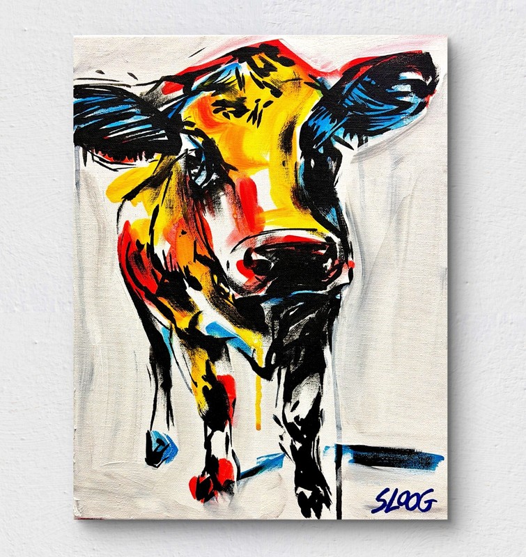 Sloog Original Art Unique Expressionism Painting on Canvas 11×14 Young Cow