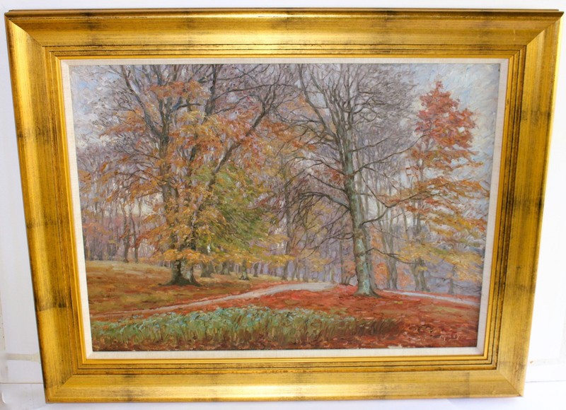 ALFRED V JENSEN 1898-1960 ANTIQUE OIL PAINTING CANVAS SIGNED DANISH AUTUMN SCENE