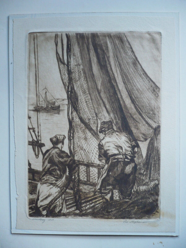 LEE STEPHENSON, LISTED CALIFORNIA CA ETCHING MONTEREY 1950 Fisherman Sea MARINE