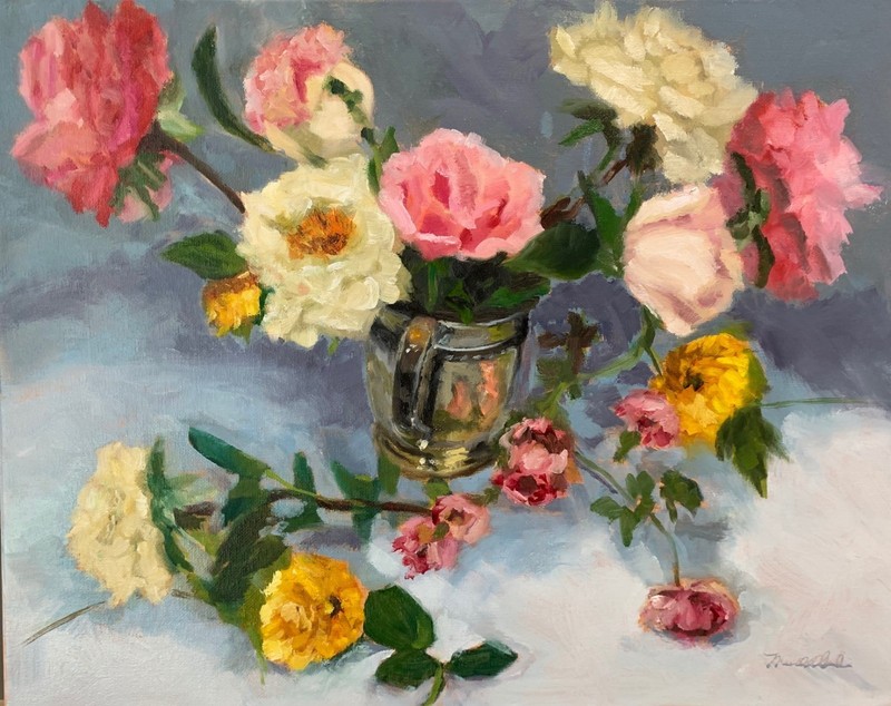 Impressionist floral still life oil painting roses wild flowers by Michele Cole