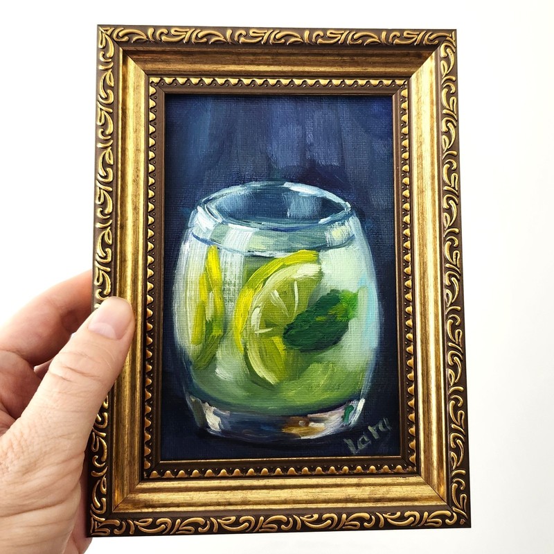 Framed Lemonade Original Oil Painting 4×6 Signed Summer Drink Kitchen Art Gift