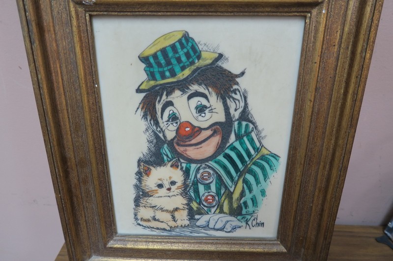 Vintage Etching Painting Framed Clown + Cat Kitten Signed K. Chin 8" x 10" gallery