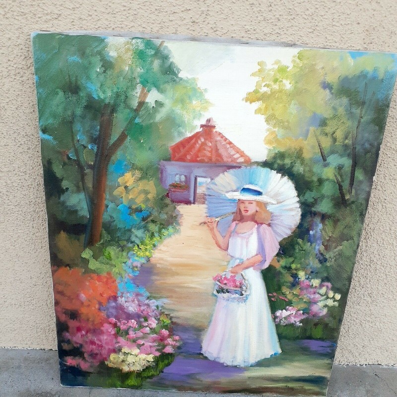 Cottage Garden Lady w Parasol Gazebo Romantic Oil Painting Red Flowers 16″x20″