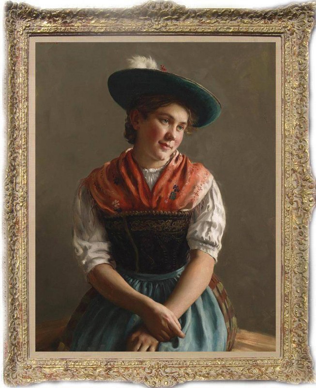 Century European Oil Painting Bavarian Young Lady Traditional Costume