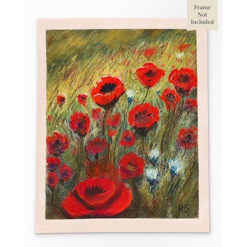 Original Soft Pastel Poppy Field Impressionistic Painting OOAK Floral Signed