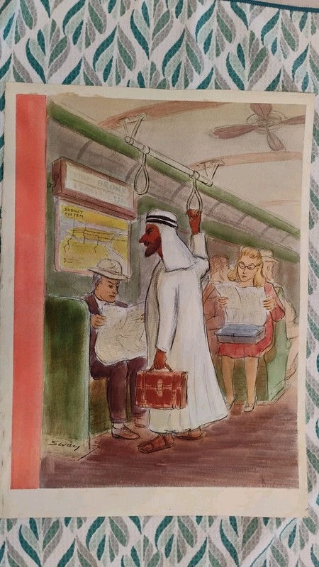 1950’s Sway Signed Watercolor Arabic Man On NYC Subway / Briefcase 13 3/4″ x 19″