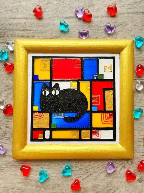 Mondrian-style stained glass painting Cats 25×25 cm Abstract original wall decor