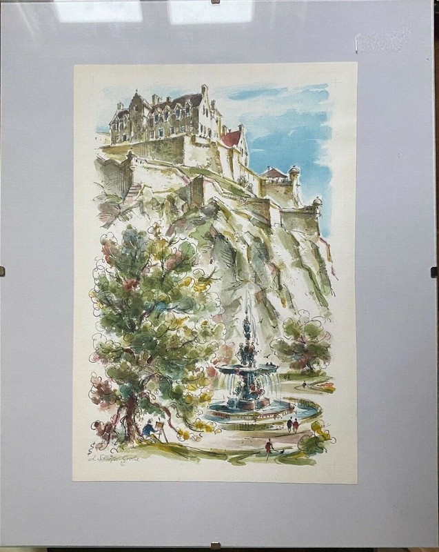 2x Watercolor Drawing Castle Architecture Schäfer-Grohe Who Knows Where ?