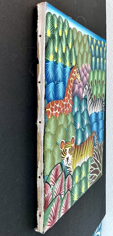 HAITIAN CHILDRENS FOLK ART~OIL~JUNGLE SCENE~TIGER~GIRAFFE~ZEBRA~W.METOR~12x16 gallery