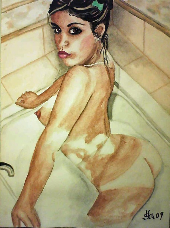 H.Schmidt nude erotic *sugarbaby * woman girl nude bathtub bust watercolor