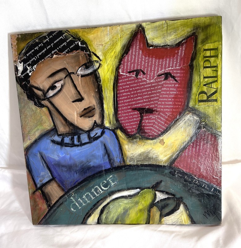 Boy & Cat: Ralph At Dinner, Original Painting, Acrylic & Paper on Wood signed MP