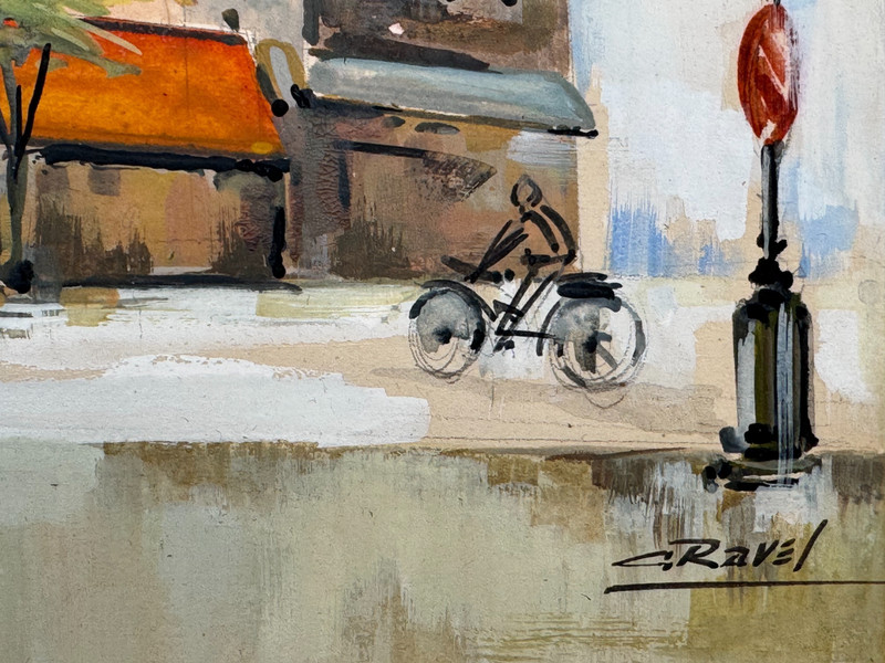 C. RAVEL SIGNED ORIGINAL PAINTING PARIS FRANCE SIDEWALK CAFE BICYCLE CITISCAPE gallery