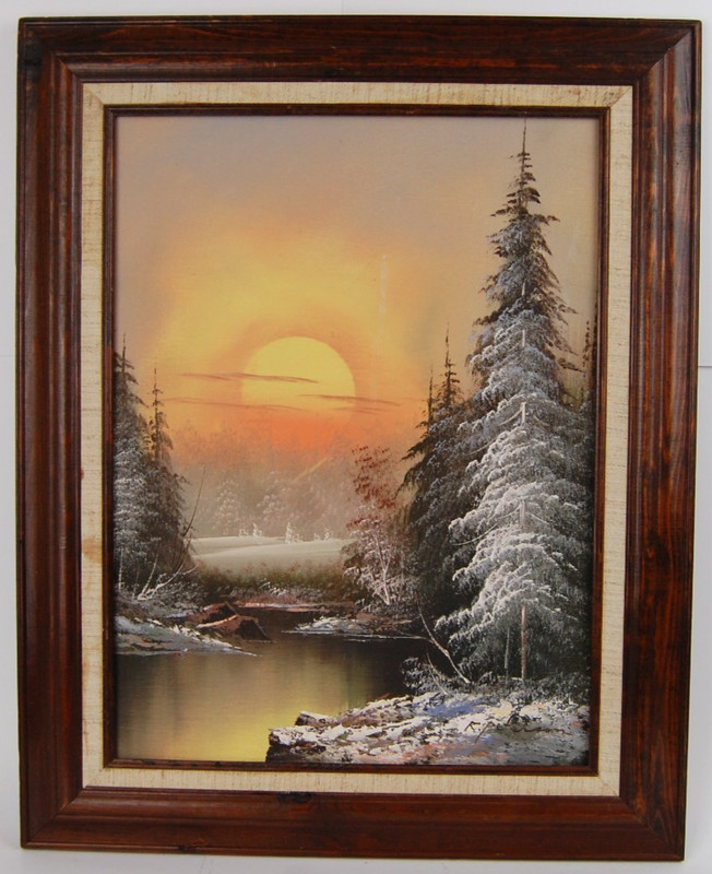 Vtg 80 Framed Signed K Peterson Winter Sunset Landscape Scene Oil Painting 12X16