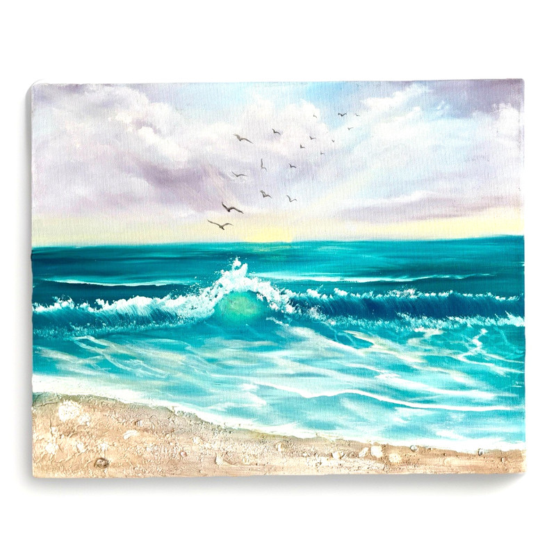 Coastal Seascape Painting w/ Real Shells 16×20″ Beach Art Canvas Ocean Wave 90s